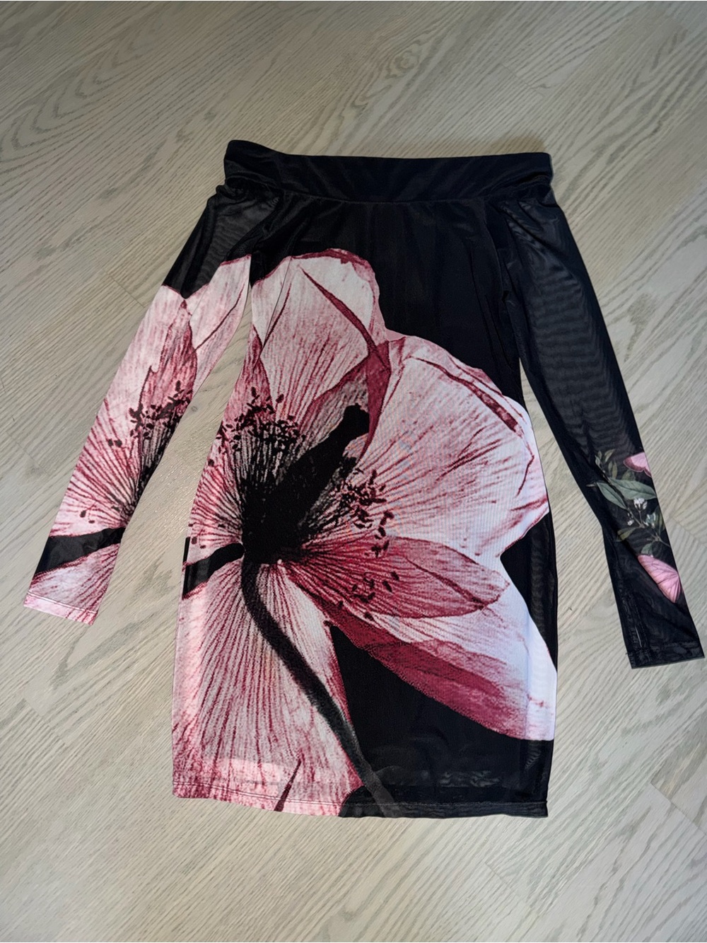 Alice + Olivia Black Mesh Mini Dress with Pink Floral Print